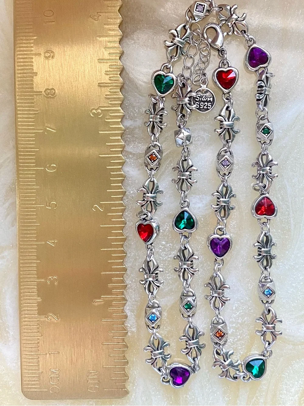 Sterling Silver Multicolor Heart Link Necklace - 925